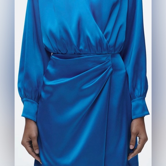 Zara Dress blue long sleeve draped wrapped mini party cocktail wedding - Picture 5 of 7
